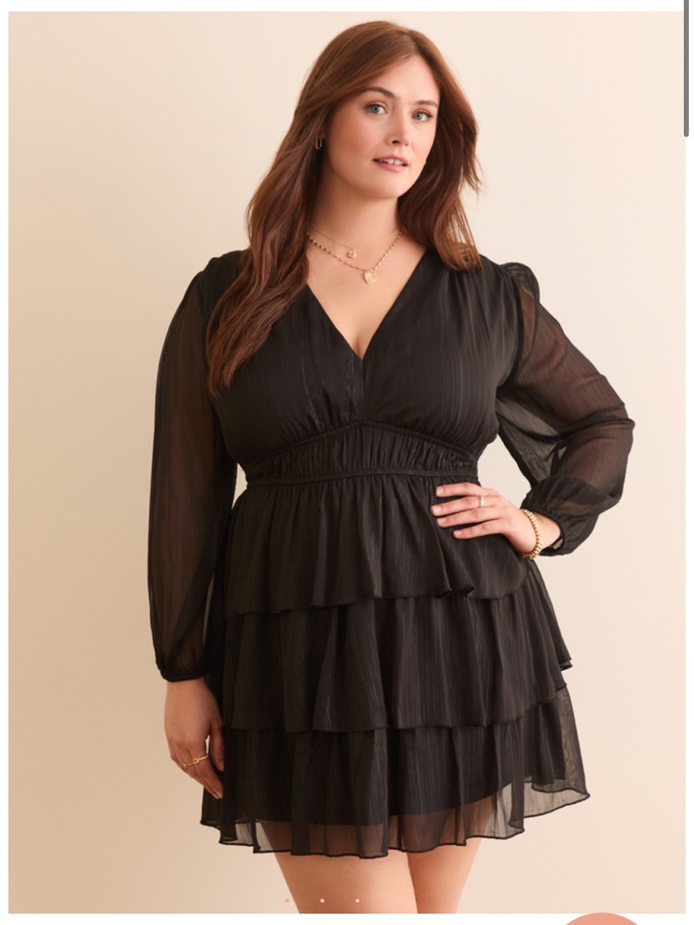 Arula Black Tiered V-Neck Long-Sleeve Dress